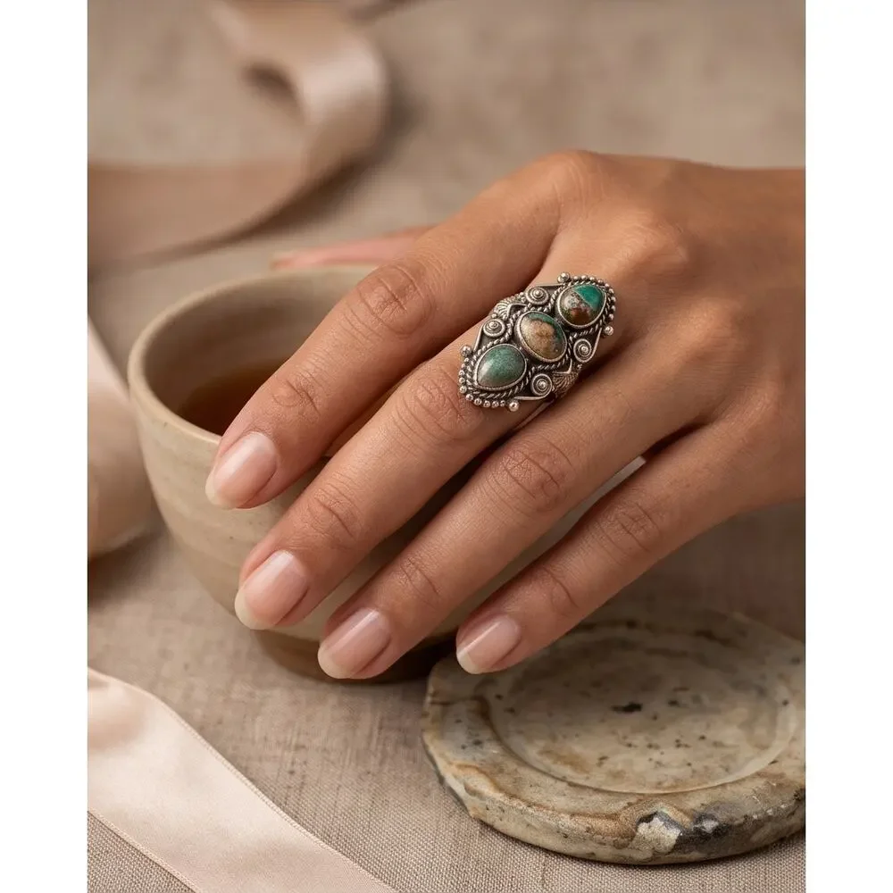 Royston Turquoise Three Stone Sterling 925 Ring Size 9 Adjustable